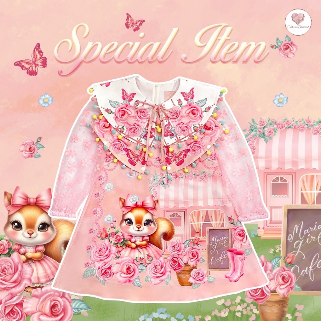 (Special Item) Huggie Cafe Dress เดรสสั้นผ้าไหมเกาหลีพิมพ์ลาย แขนยาวผ้าตาข่ายปักดอกไม้ขน ปกใหญ่สองชั้นแต่งปอมปอม ซิปหลัง