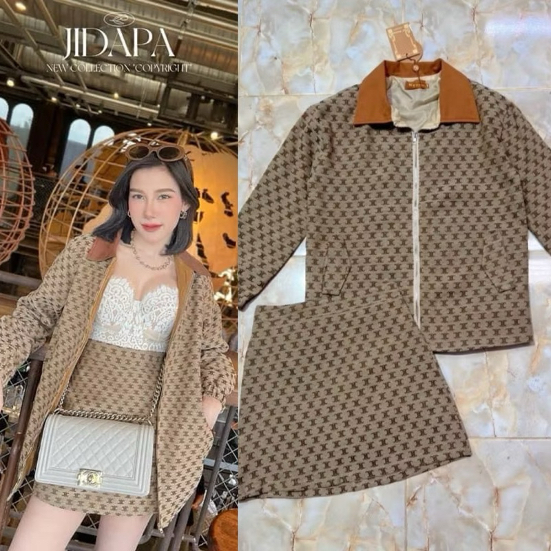 (s,m,2xl)ชุดเซตกระโปรง เสื้อแขนยาว ซิปหน้า+กระโปรง งานป้าย amelia ชุดเที่ยวเขา ชุดวอม