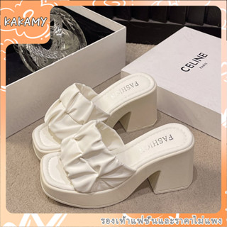 KAKAMY รองเท้าส้นสูงผู้หญิง 6 ซม. รองเท้าส้นสูงแบบสวม ยางพาร…