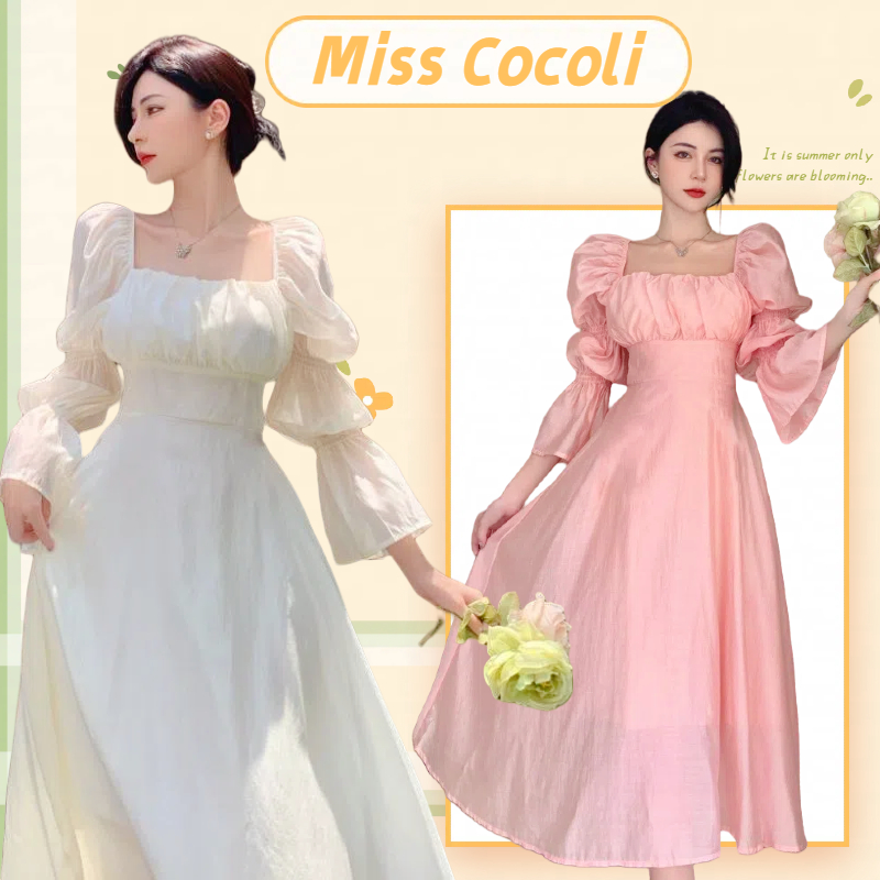 เดรสฝรั่งเศส แขนพองหลังสวย คอเหลี่ยมฝรั่งเศส ทรงโบว์หลัง สไตล์หวานๆ
