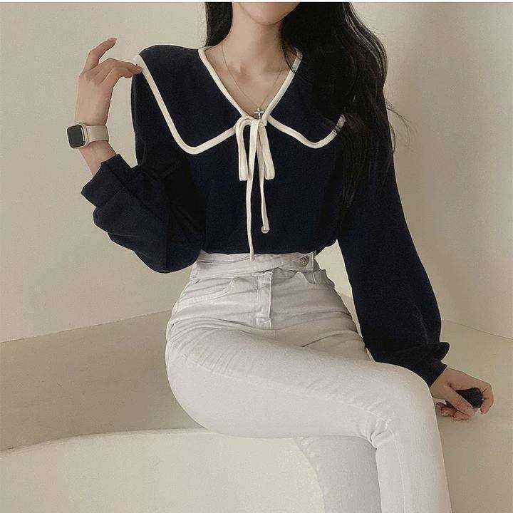 MIKIE ✾ C16 ✾ เสื้อแขนยาว สาวอวบ-สาวอมใส่ได้ รอบอกได้ถึง60++ แต่งเชือกผูกโบว์ด้านหน้า คอปกใหญ่สุดน่ารัก ✾