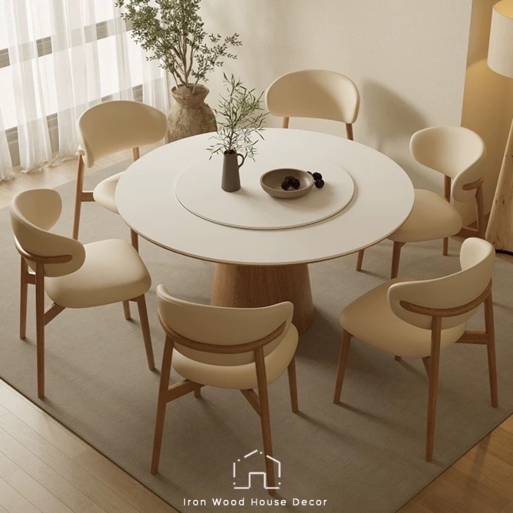 VENEER ASH TABLE + KHUNKUL CHAIR ชุดโต๊ะอาหารไม้ยางพารา โต๊ะหมุน โต๊ะกลมสไตล์มินิมอล luxury โต๊ะกินข