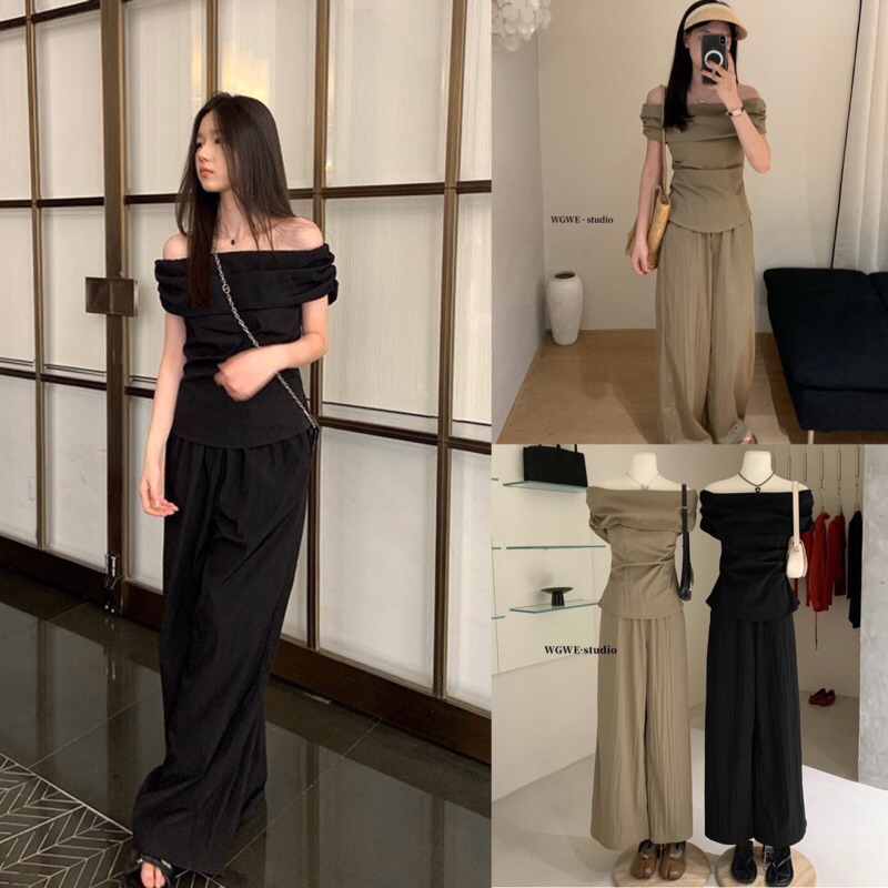 Set2pcs.เสื้อปาดไหล่สม็อกแขน+กางเกงขายาวรุ่น 3008 TAG WG.WE