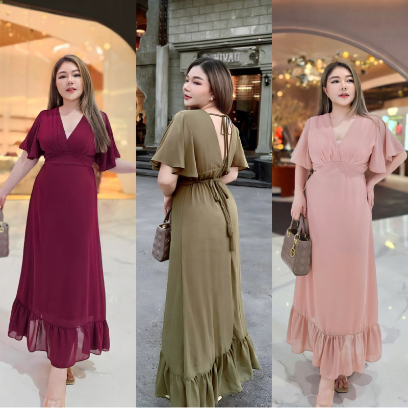 Best Seller เดรสยาวแขนระบายผ้าชีฟองสีพื้นโชว์หลังผูกเชือกแซ่บได้อีกค่ะสาว#Maisie Shop