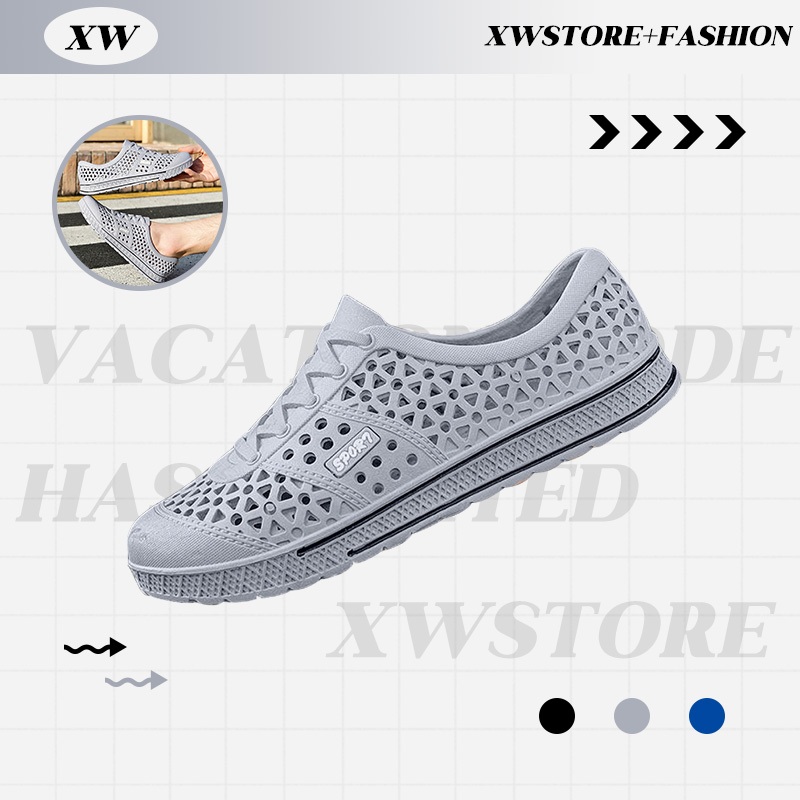XWshopee ขายดี  รองเท้ายางแฟชั่น ทรงสลิปออน ทำความสะอาดง่าย แห้งไว เลือกได้ 3 สี ดำ เทา น้ำเงิน วัสดุเป็นยางทั้งหมด ราคา