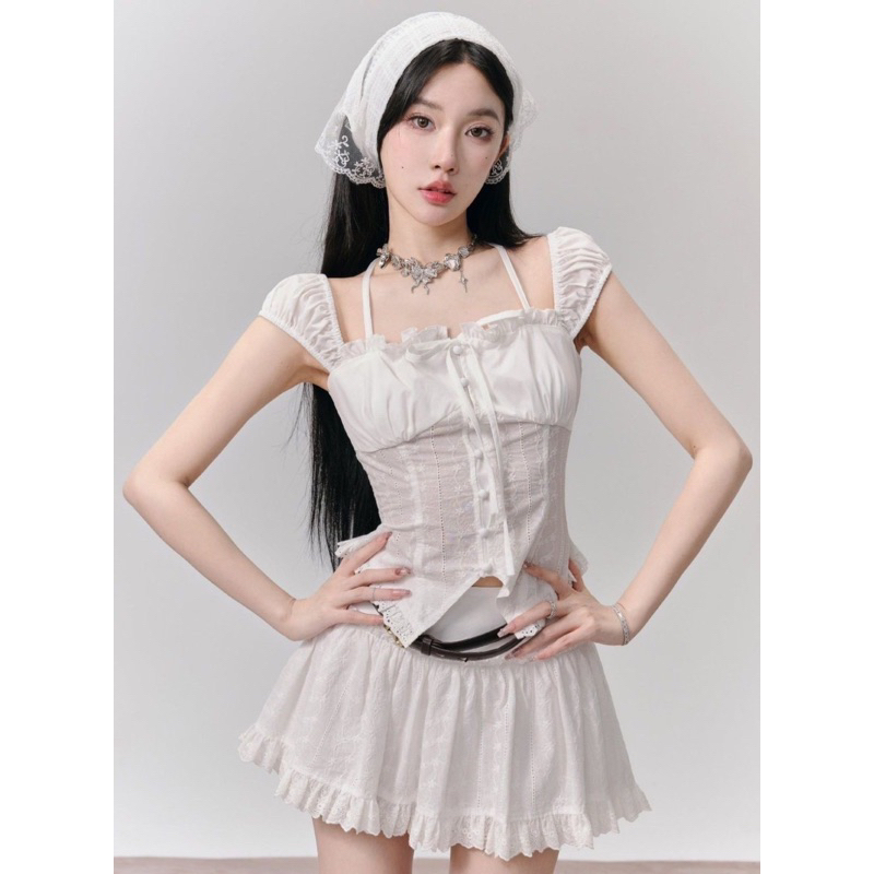 [พร้อมส่ง] เซ็ท3ชิ้น เสื้อแขนระบาย+กระโปรง+ผ้าโพกผม งานลูกไม้น่ารักมากกก็