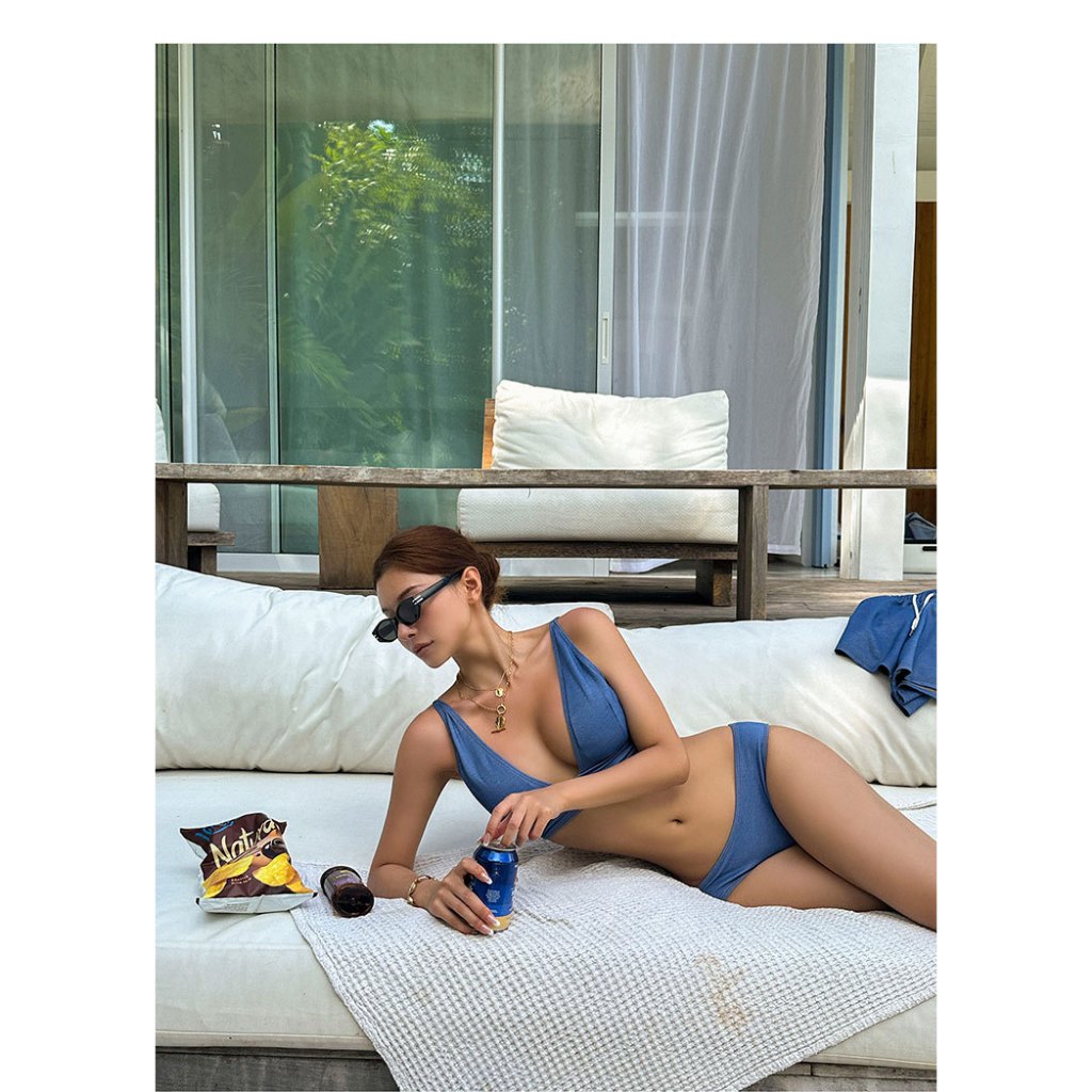 Jenny jeans set ชุดว่ายน้ำทูพีชผ้าลายยีนส์มาพร้อมกางเกงขาสั้นเข้าชุด