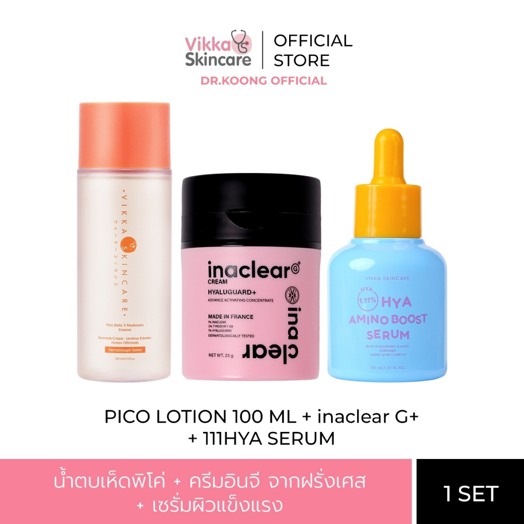 VIKKASKINCARE เซตรับลมหนาว ลดฝ้า กระ จุดด่างดำ ผิวชุ่มชื้น แข็งแรง Pico 100 ml + 111HYA 30 ml + INACLEAR G 23g