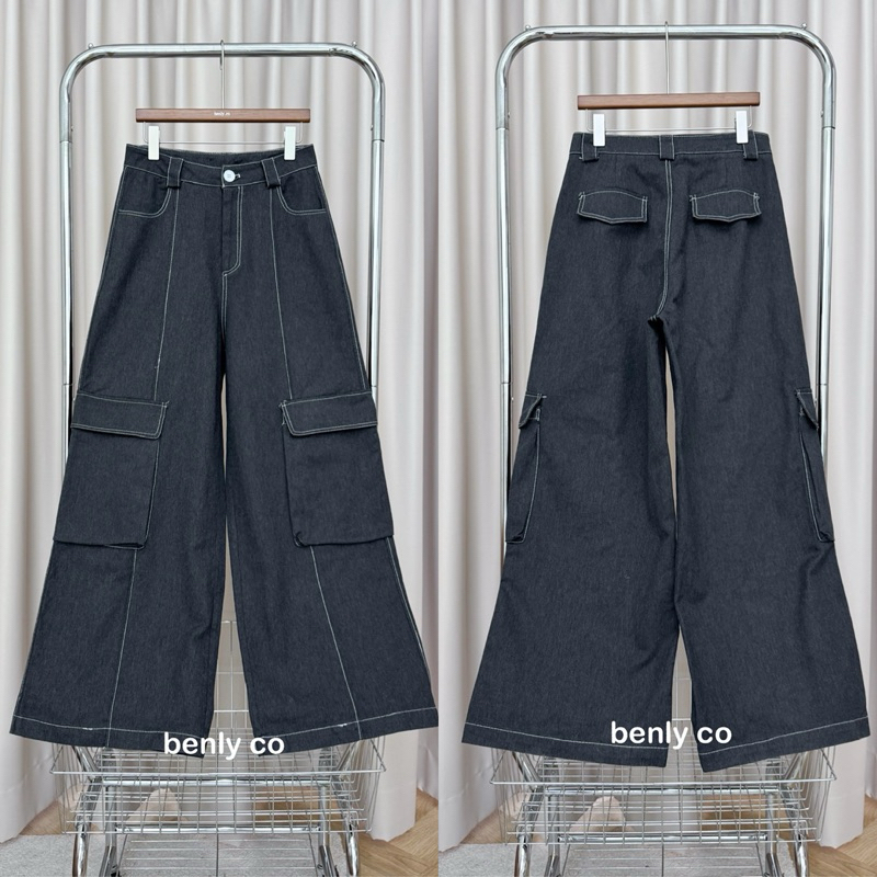 **พร้อมส่ง**♡BY0143 Black Cargo Denim ผ้ายีนส์ดำ ทรงสวยเท่ ใส่สบาย benly co
