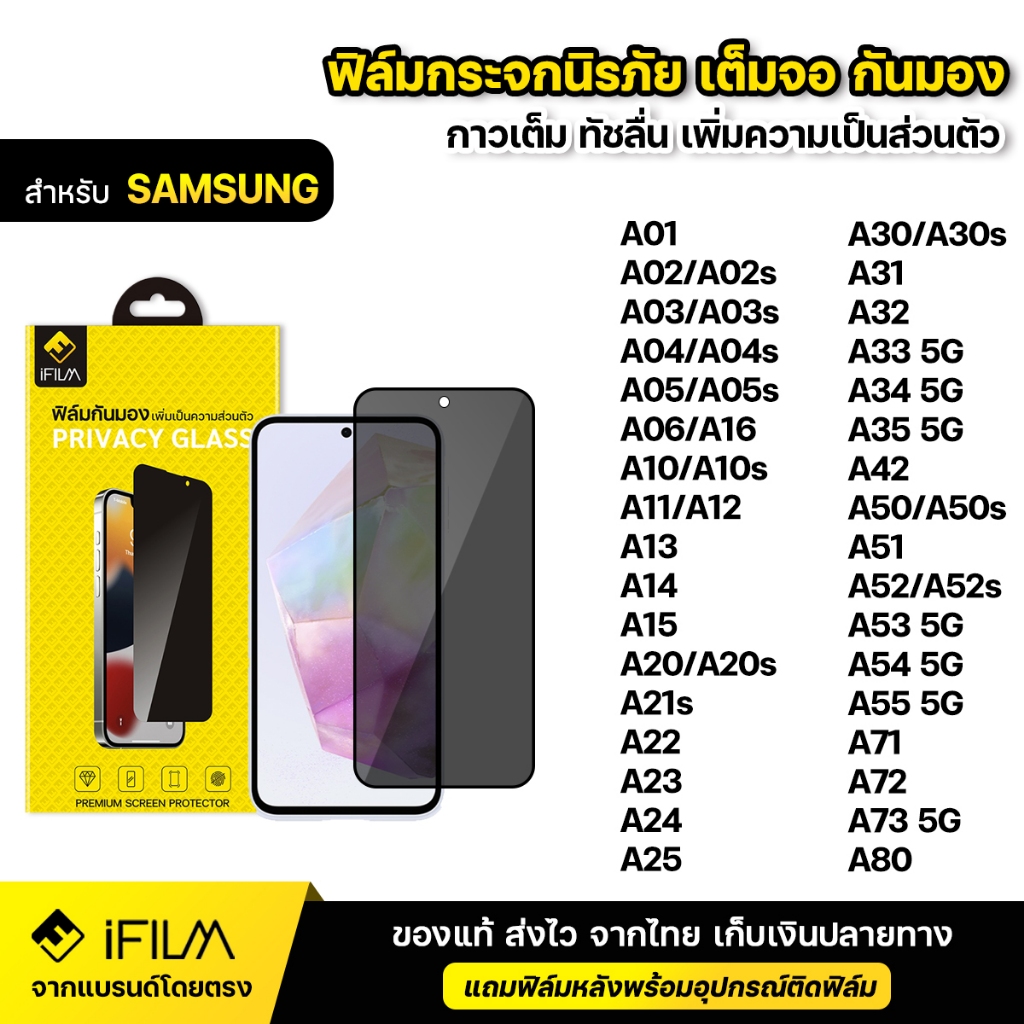 iFILM ฟิล์มกันมอง กระจก นิรภัย Samsung A05 A06 A14 A15 A16 A24 A25 A35 A54 A55 5G เต็มจอ ฟิล์ม กันเสือก กันเผือก Privacy