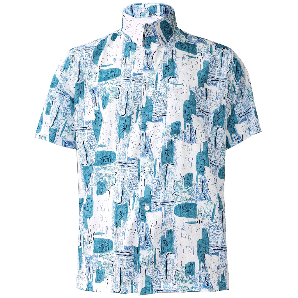 เสื้อเชิ้ตชายแขนสั้นแบบผ่าอก คอปก สไตล์ทันสมัยด้วยลวดลายเส้นกราฟฟิก สีขาวเทา