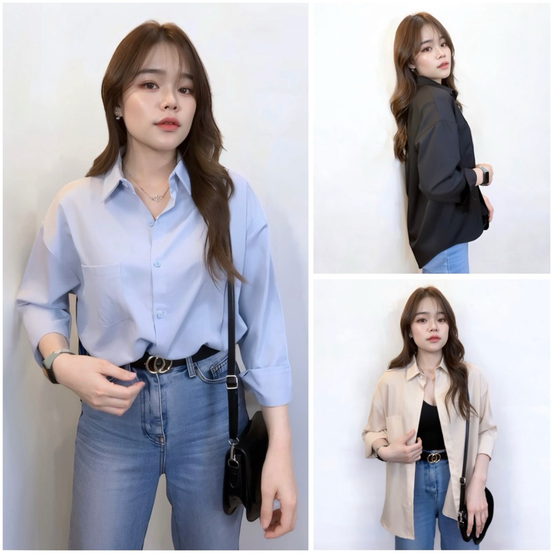 A6007 เสื้อเชิ้ตแฟชั่นเกาหลี ทรง Oversize กระเป๋า1ข้าง พร้อมส่ง