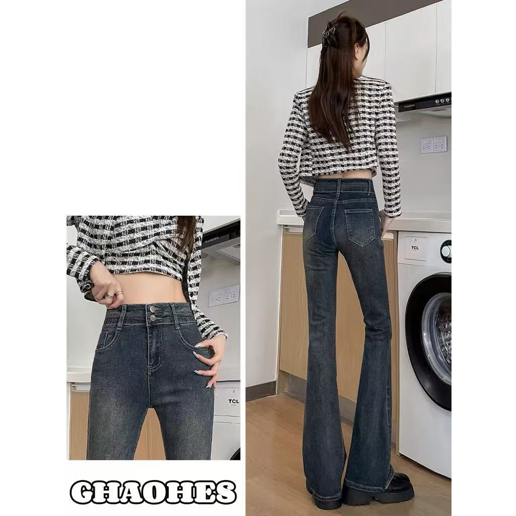 ใครใส่ก็ดูดี~สาวฮอต สีน้ำเงินเข้ม เอวสูง ย้อนยุค กางเกงยีนส์ ผ้ายืด แฟชั่น กางเกงขาบาน กระดุมคู่ - รูปที่ 2