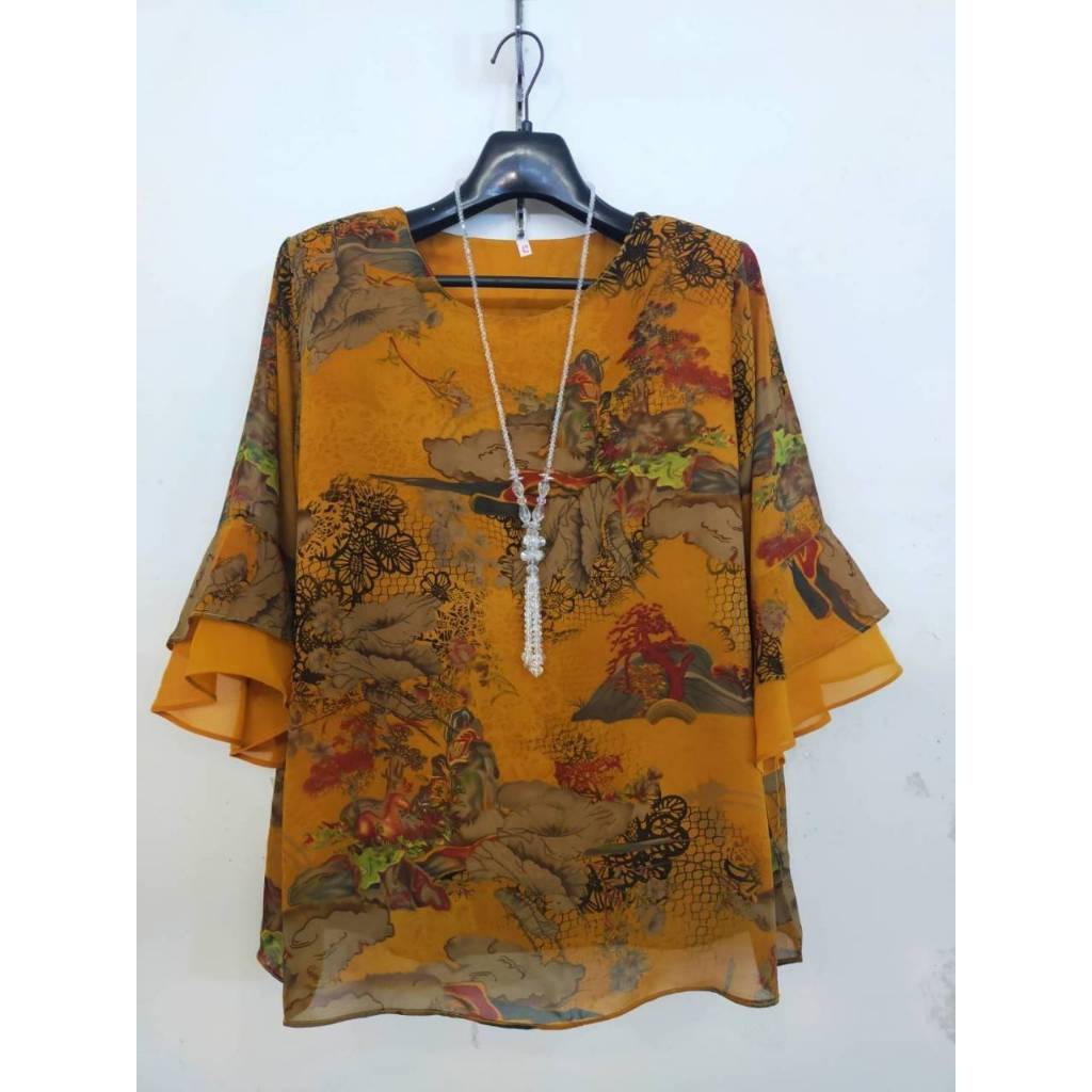 (อก 46 แขนกระดิ่งสองชั้น) เสื้อชีฟองสตรี สวยๆใส่สบาย ลายสวย มีซับใน มีหลายลายให้เลือก (งานไทย)