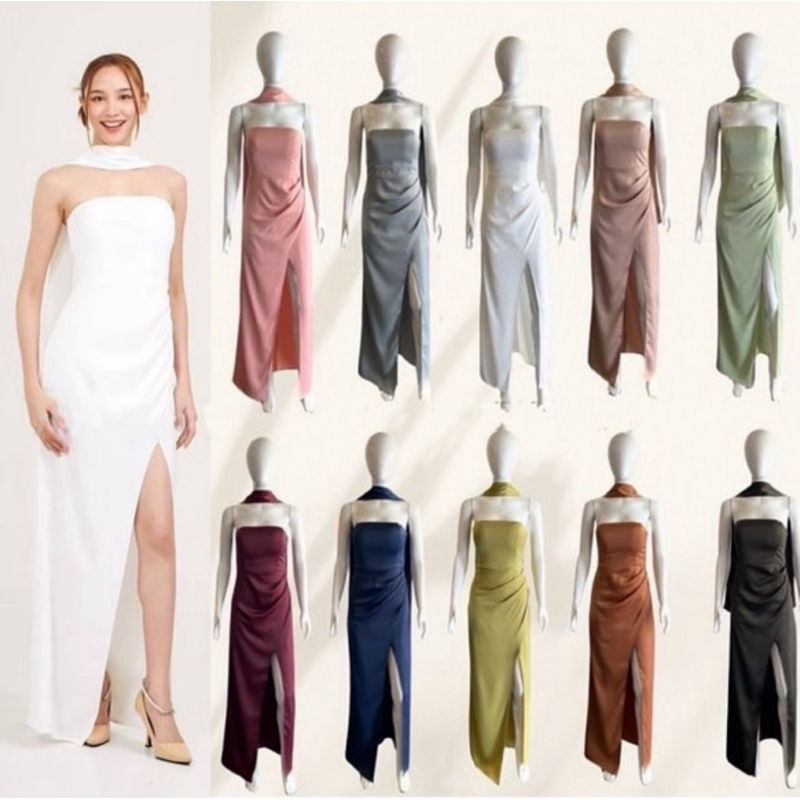เดรสเกาะอกยาว พร้อมผ้าพันคาดคอ (พันคอได้) 10สี s-6xl  ☺️สอบถามสินค้าก่อนสั่งได้ค่ะ