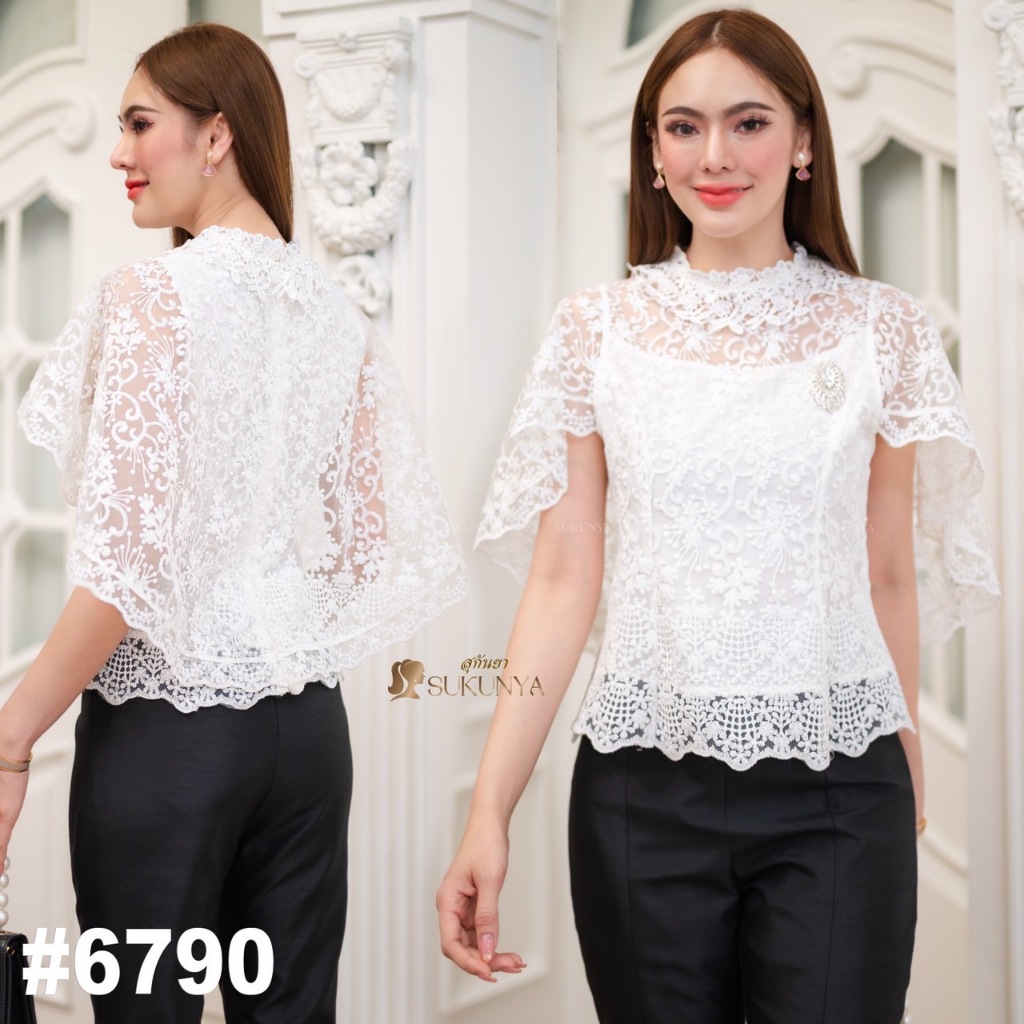 6790:(ราคาเฉพาะเสื้อ)เสื้อลูกไม้สีขาวแต่งแขนทรงปีกค้างคาว
