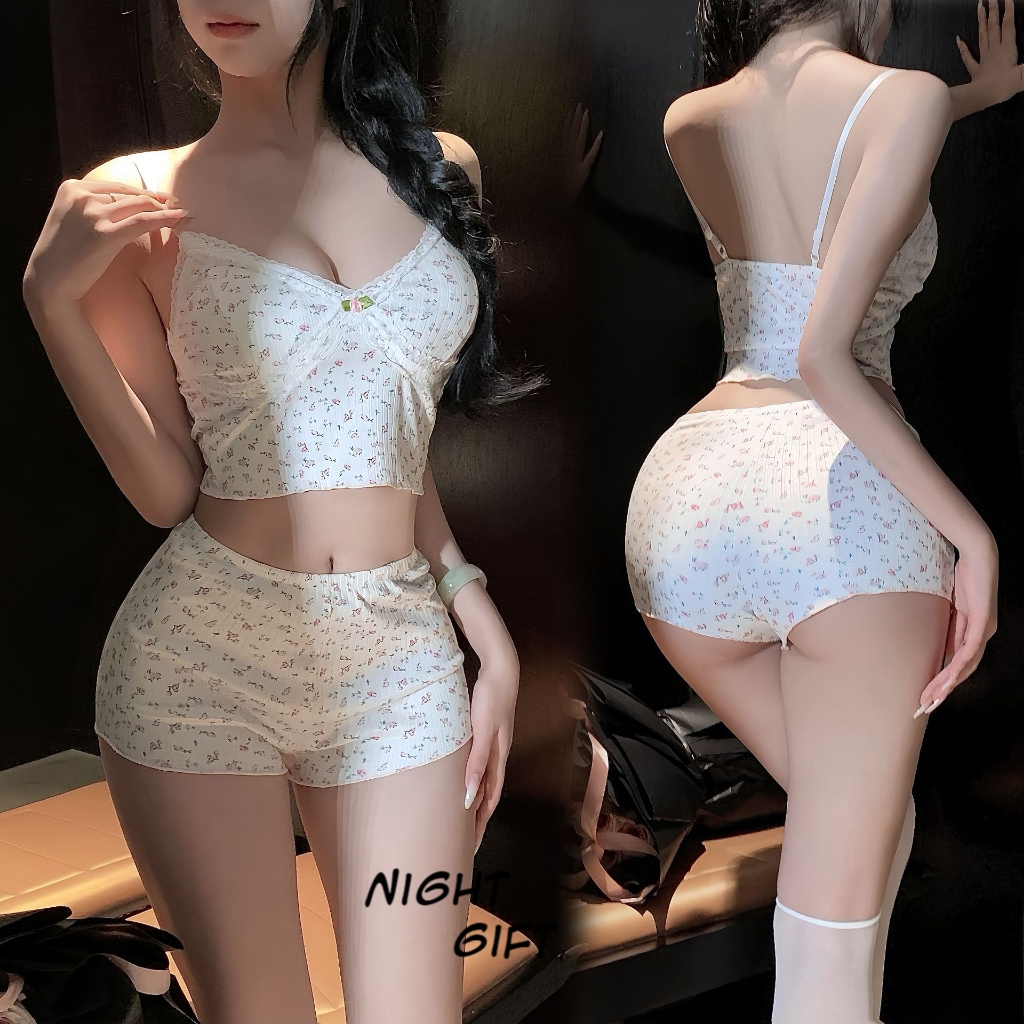 ชุดนอนไม่ได้นอน ชุดนอนเซ็กซี่ S-XL ชุดนอนผ้าฝ้ายลูกไม้ลายดอกไม้สองชิ้น ส่งไวจากไทย1-3วัน