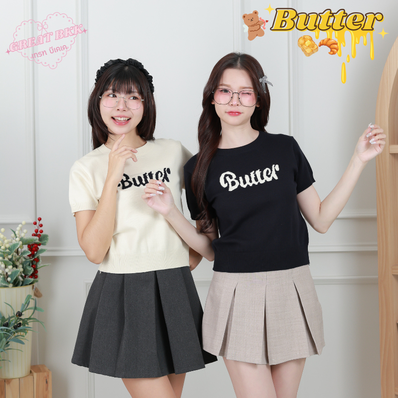 New เสื้อไหมพรม คอกลม ทอลาย Butter 2 สี ผ้าหนานุ่ม ใส่สบาย ป้าย GREAT BKK