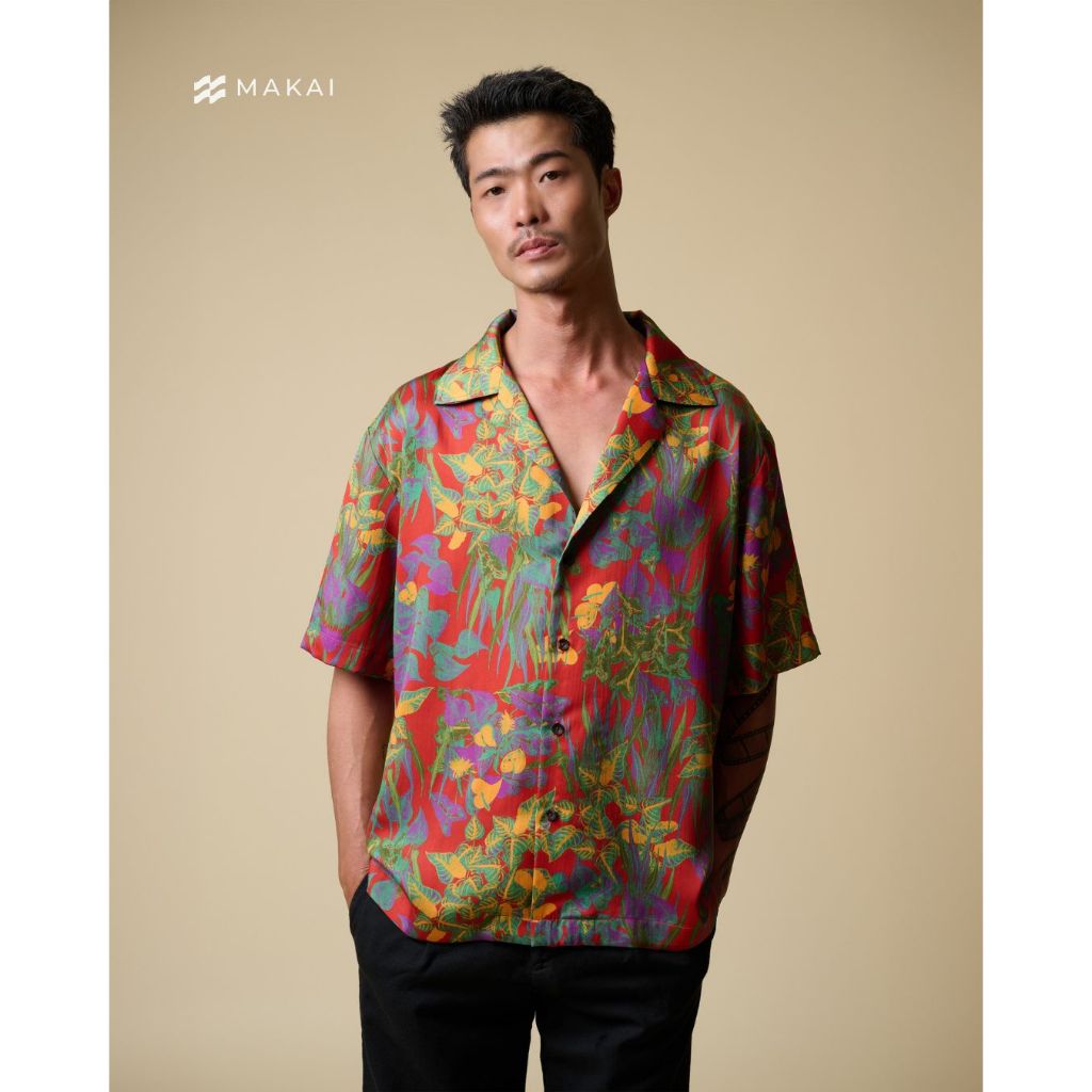 MAKAI เสื้อเชิ้ต เสื้อฮาวาย ผ้าไลโอเซลล์ ลาย CRIMSON Hawaiian Shirt