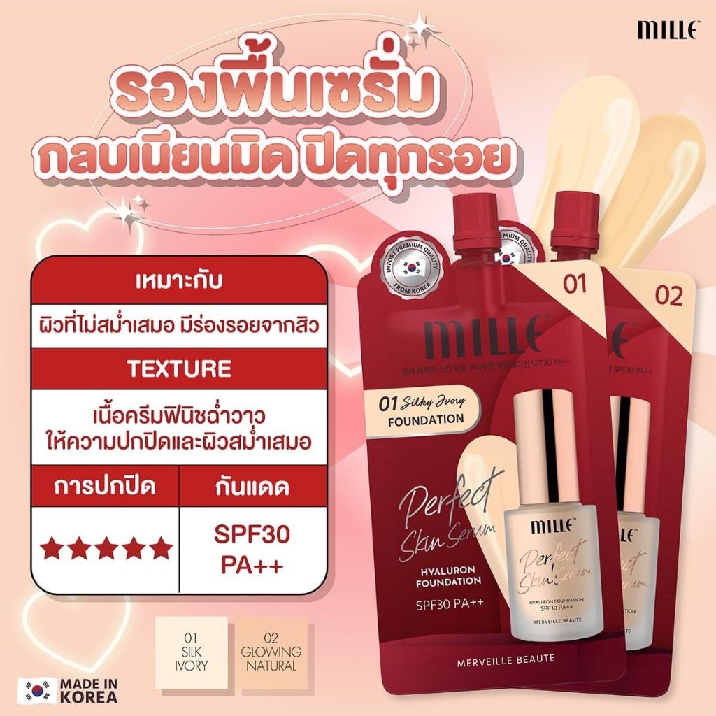 (แบบซอง)Mille รองพื้น PERFECT SKIN SERUM HYALURON FOUNDATION