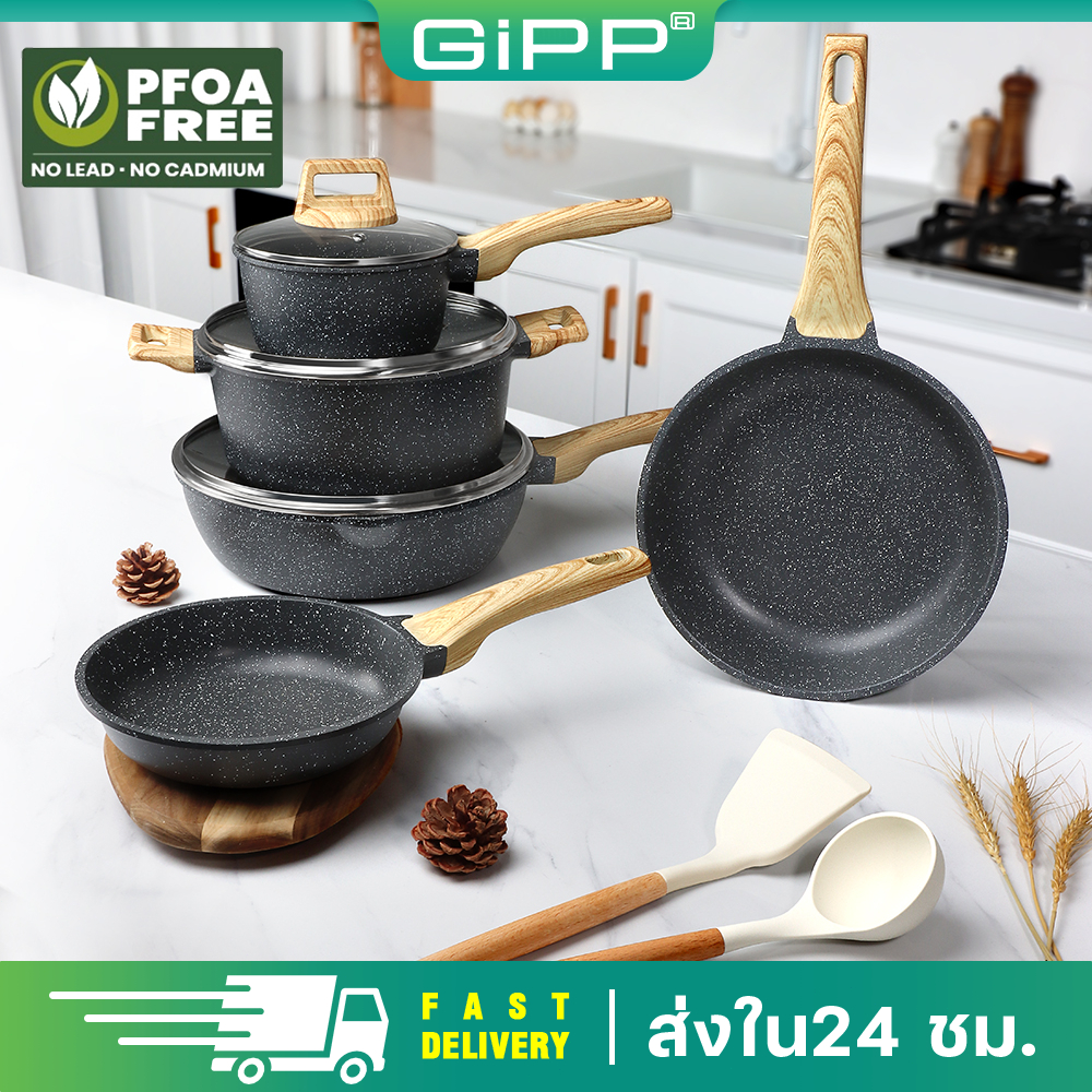 GiPP ชุดเครื่องครัว10pcs ชุดกระทะแบบไม่ติดกระทะ ไม่มี PFOA หม้อกระทะ ใช้ได้กับเตาทุกประเภท