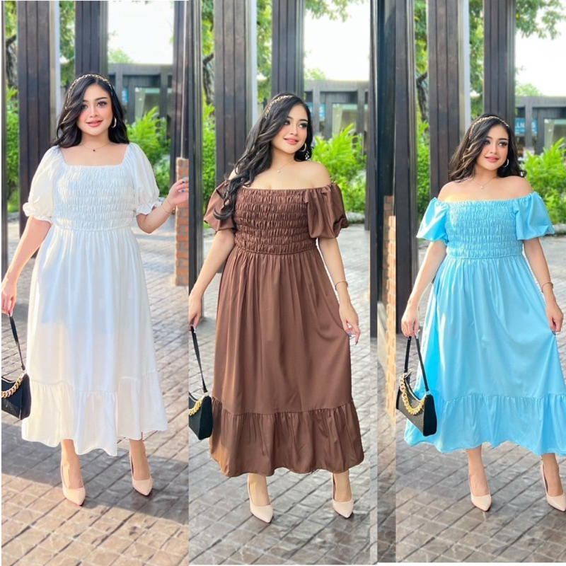 เดรสสาวอวบ สีพื้น งานผ้าไหมอิตาลี ด้านหลังสม๊อคเอว มีสายผูกมัดเข้ารูป อก40-50 ใส่ได้ค่ะ