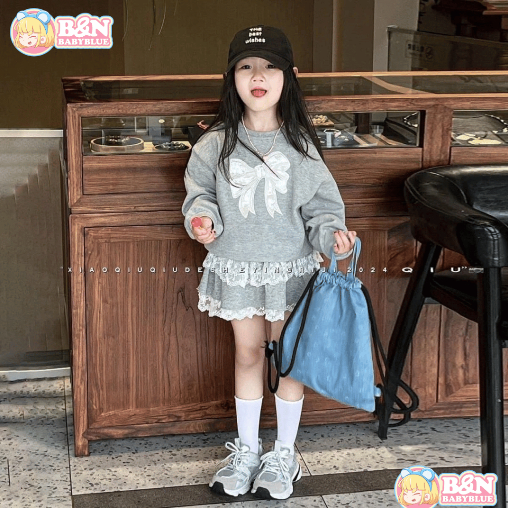BN babyblue ชุดเซ็ตแฟชั่นเด็กหญิง รหัส BO01 ชุดเซ็ตแขนยาวแต่งชายเสื้อและกระโปรงน่ารัก
