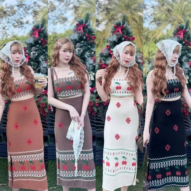 ชุดเซ็ทสาวเหนือ สไตล์โบฮีเมียน เสื้อสายเดี่ยว + กระโปรงลายเชอรี่