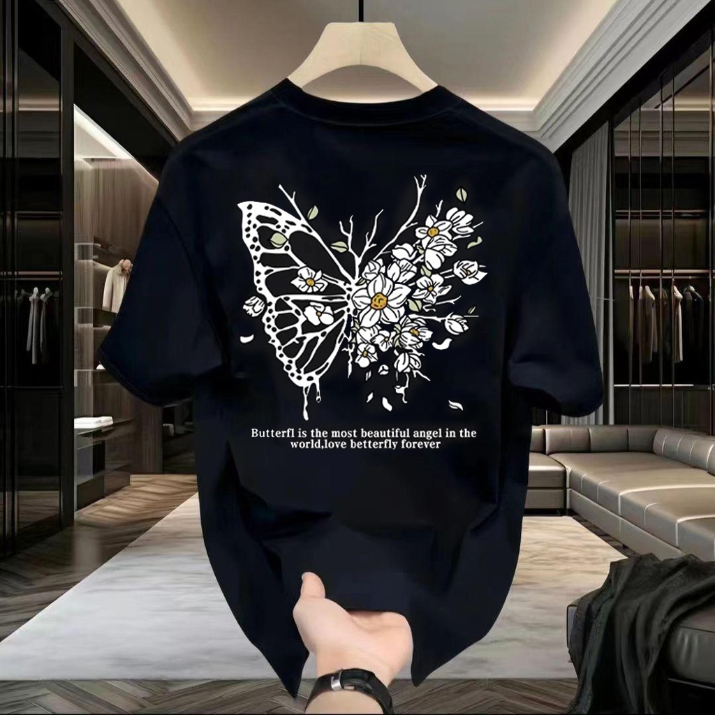 Basi เสื้อยืด oversize สกรีนหน้าหลัง ลาย "Flower Butterfly" ผ้าคอตตอน 100% เนื้อผ้าเกรดพรีเมียม คอกลม ใส่สบาย