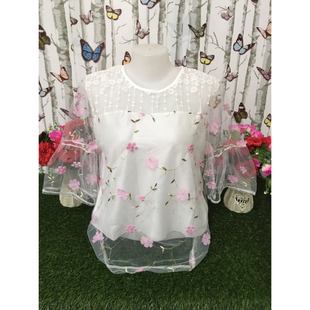 เสื้อลูกไม้ผ้าแก้วขาวล้วน เสื้อผ้าสาวอวบ สีขาว รุ่น4288