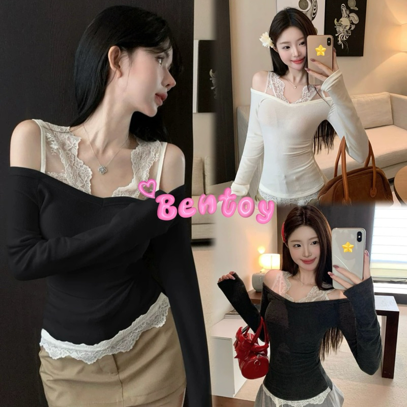 Bentoy(1510)เสื้อยืดแขนยาวปาดไหล่ ดีเทลแต่งลูกไม้ช่วงไหล่ เซ็กซี่เบาๆ ดูแพง ผ้านิ่มใส่สบาย