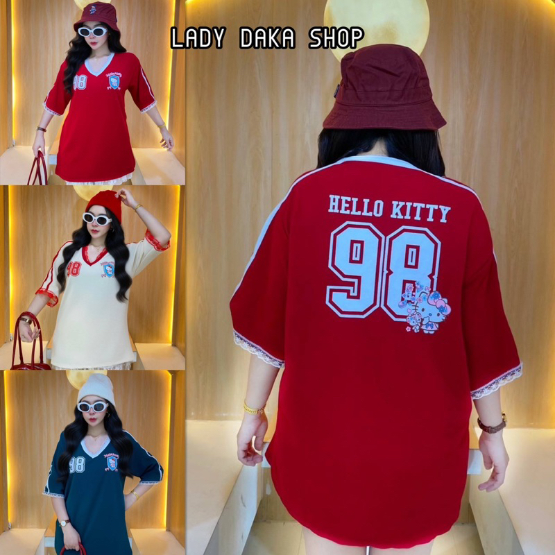 เสื้อโอเวอร์ไซส์แขนสั้น คอวีแต่งลูกไม้ ขนาดฟรีไซส์อก44 ผู้หญิง Sport คิดตี้