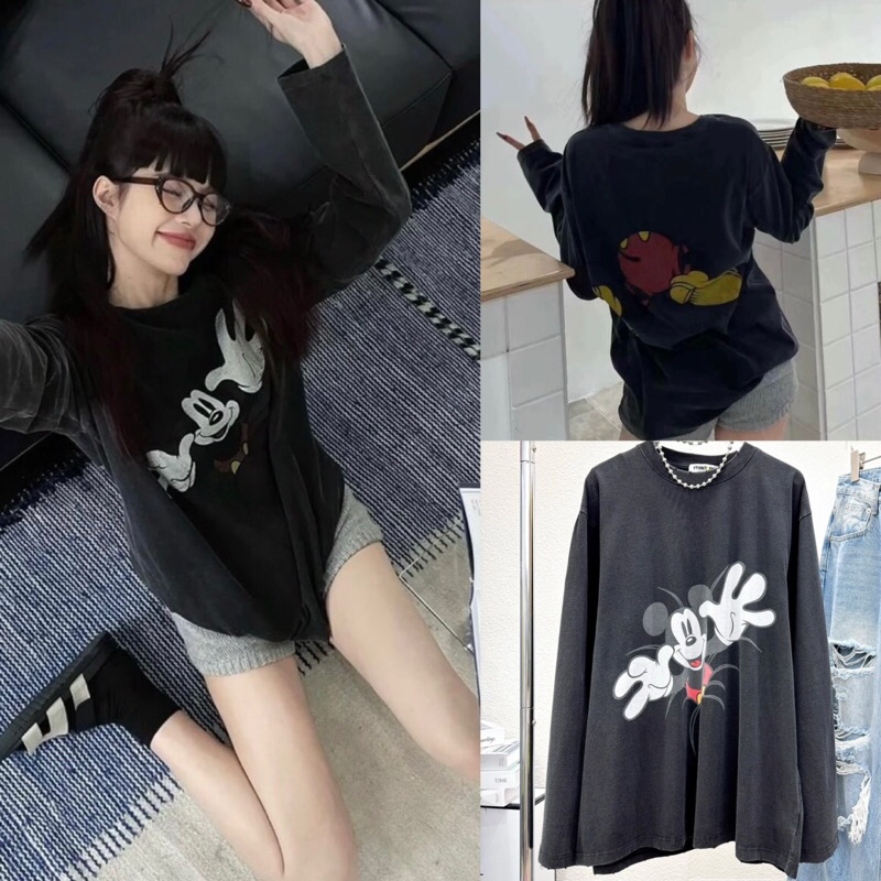เสื้อแขนยาวผ้าคอตตอนฟอกสีดำเฟด TAG YT FACTORY