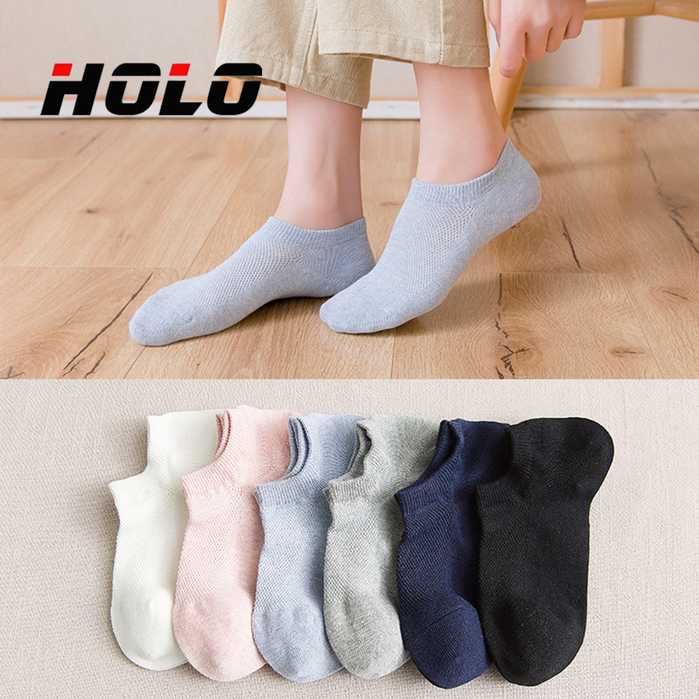 ถุงเท้าผู้หญิง ถุงเท้าสไตล์เกาหลี ตาข่าย ระบายอากาศได้ สีทึบ ถุงเท้าผ้าฝ้าย（5 คู่บรรจุ）