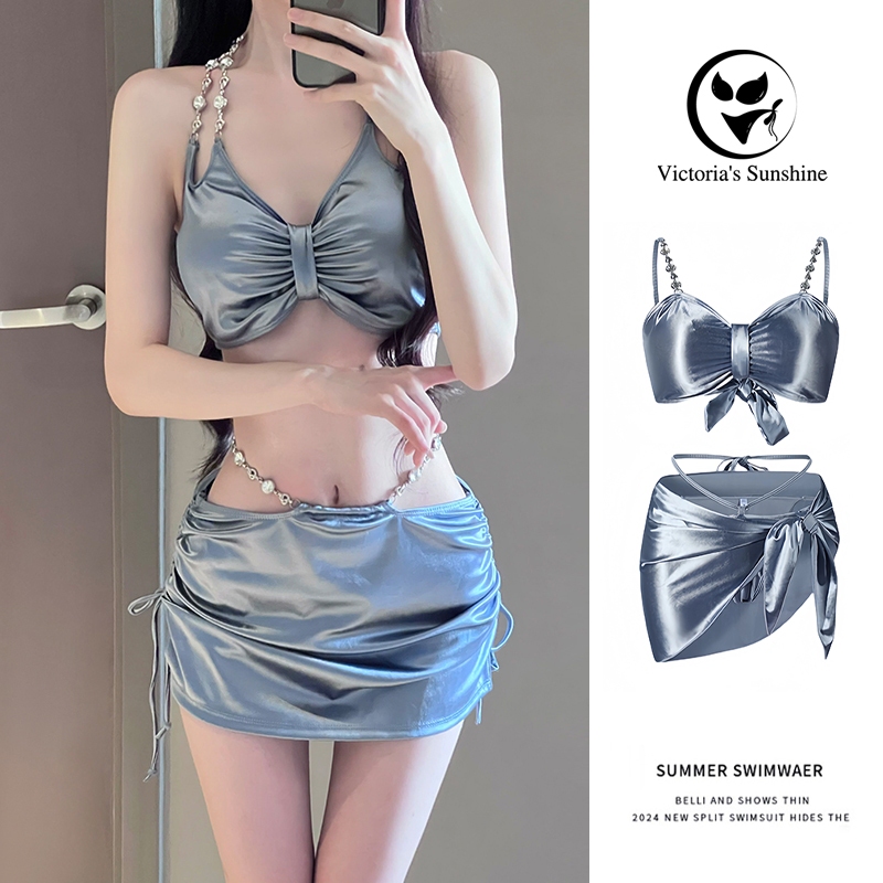 ลดราคา 50%🥥ชุดว่ายน้ำผู้หญิง ชุดบิกินี่ grey bikini set กระโปรง สร้อยคอเพชรประดับ สไตล์เซ็กซี่#0272