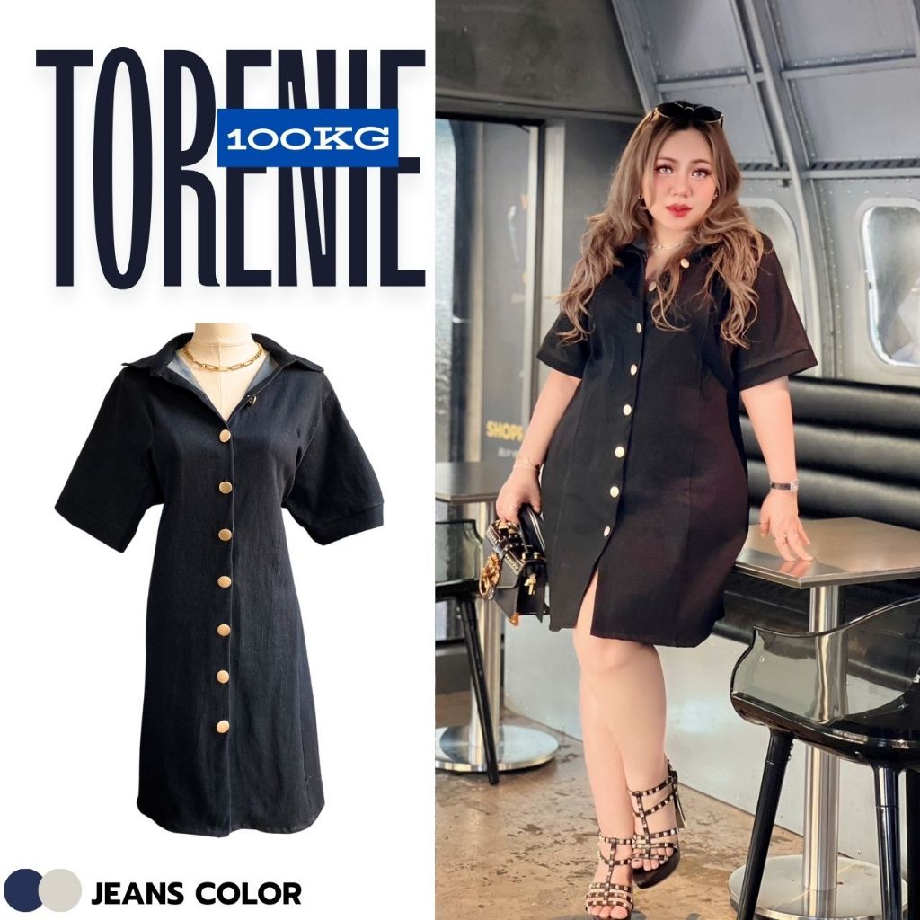 Plus size มินิเดรสยีนส์คอปกแขนสั้นกระดุมหน้ากระโปรงจีบของสาวอวบ สวย ไฮโซ รุ่นโทเรนี่(F11)
