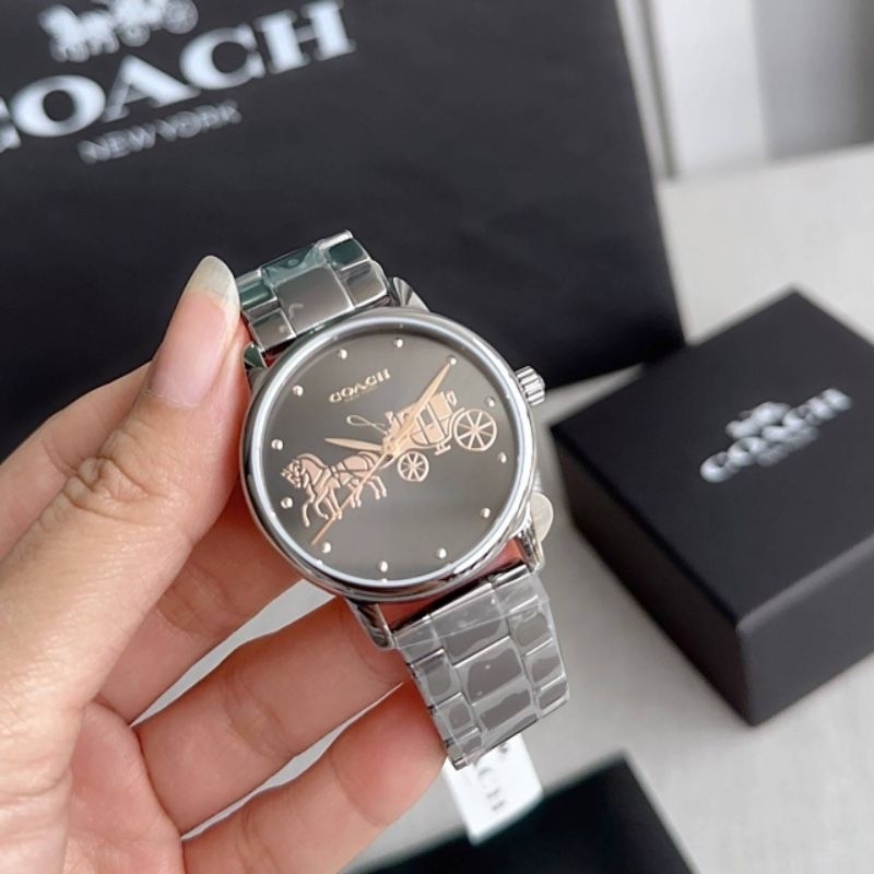 (พร้อมส่ง) นาฬิกาสีเทา หน้าปัดรถม้า Coach Analog Business Grand Ladies Watch