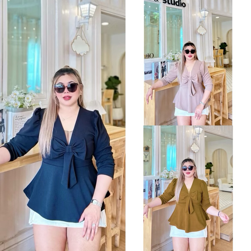 เสื้อ ซีทูแต่งโบว์ Bigsize ผ้ายืดวูลเวฟ ทรงเป๊ะตามเดิม รอบอก 46-52 นิ้ว