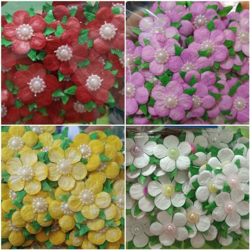 พร้อมส่ง แพ็ค50ดอก กว้าง3.5cm ดอกกลมมน5แฉก ดอกไม้กระดาษสา ติดมุกล้อมซีก ดอกไม้ตกแต่ง ติดบอร์ด เหรียญโปรยทาน ไม้กฐิน