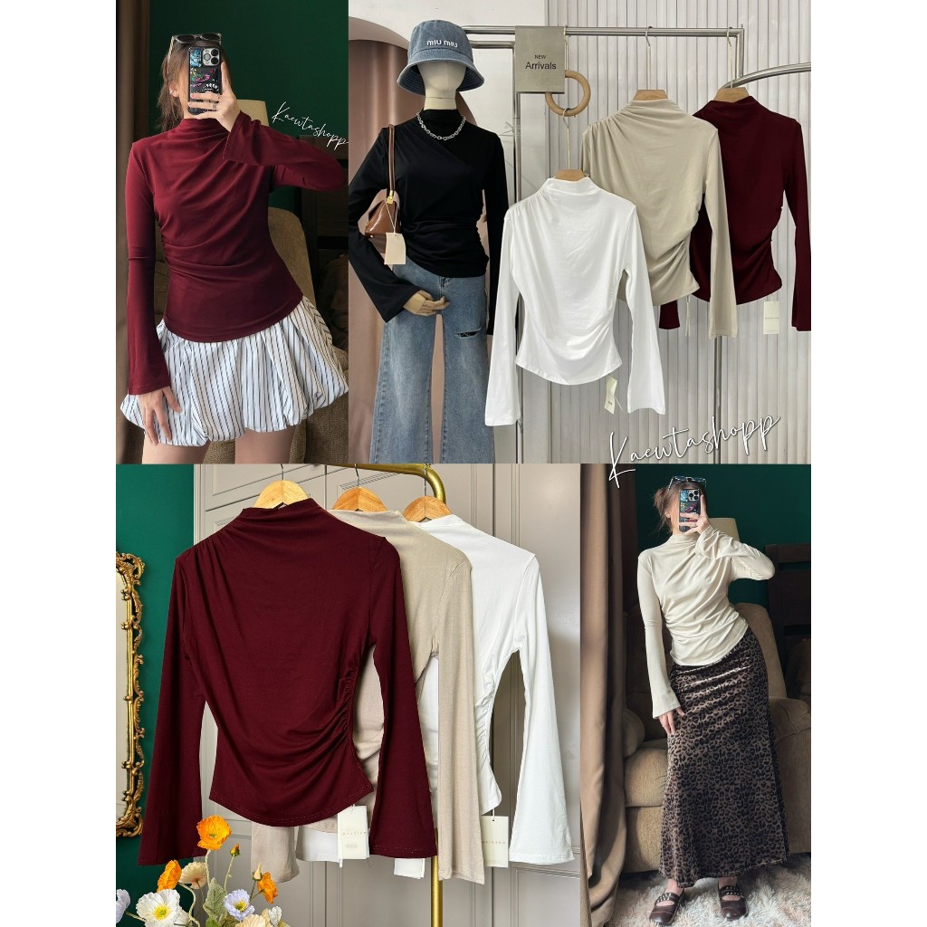 เสื้อแขนยาว ผ้าเกรดAสุด ปลายแขนระบาย คอปีน คอเต่า แต่งจีบคอ+เอว ฟรีไซส์ ไซส์ใหญ่ ยืดเยอะ Matinee Kaewtashop
