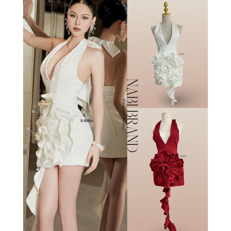M12 งานป้าย Nabibrand Dress ชุดเดรสสั้นคล้องคอแต่งดอกไม้ใหญ่มาพร้อมเข็มกลัดโบว์ สำหรับผู้หญิง ไซส์ Xs-L