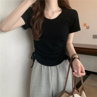 AVONE เสื้อยืด เสื้อยืดผู้หญิง แขนสั้น คอกลม มีเชือกรูดเอวด้านข้าง เสื้อแฟชั่นสีทึบเหมาะกับทุกไลฟ์สไตล์ พร้อมส่งจา N020