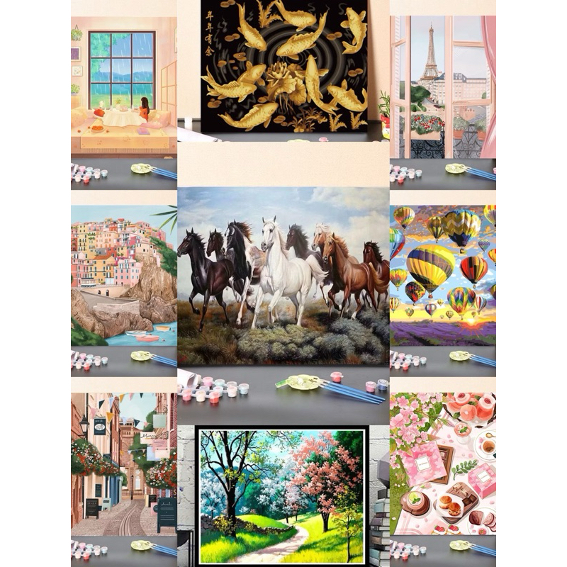 ภาพระบายสีตามตัวเลข ขึงเฟรมไม้พร้อมอุปกรณ์ ขนาด 40×50 CM ของขวัญ DIY สำหรับตกแต่งบ้าน
