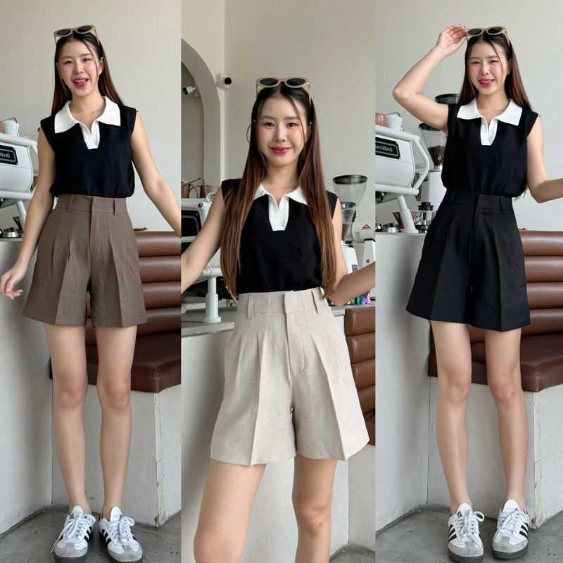 กางเกงขาสั้นแฟชั่น กางเกงเอวสูง แต่งจีบหน้า (Girl short pants) มีหลายสีให้เลือก