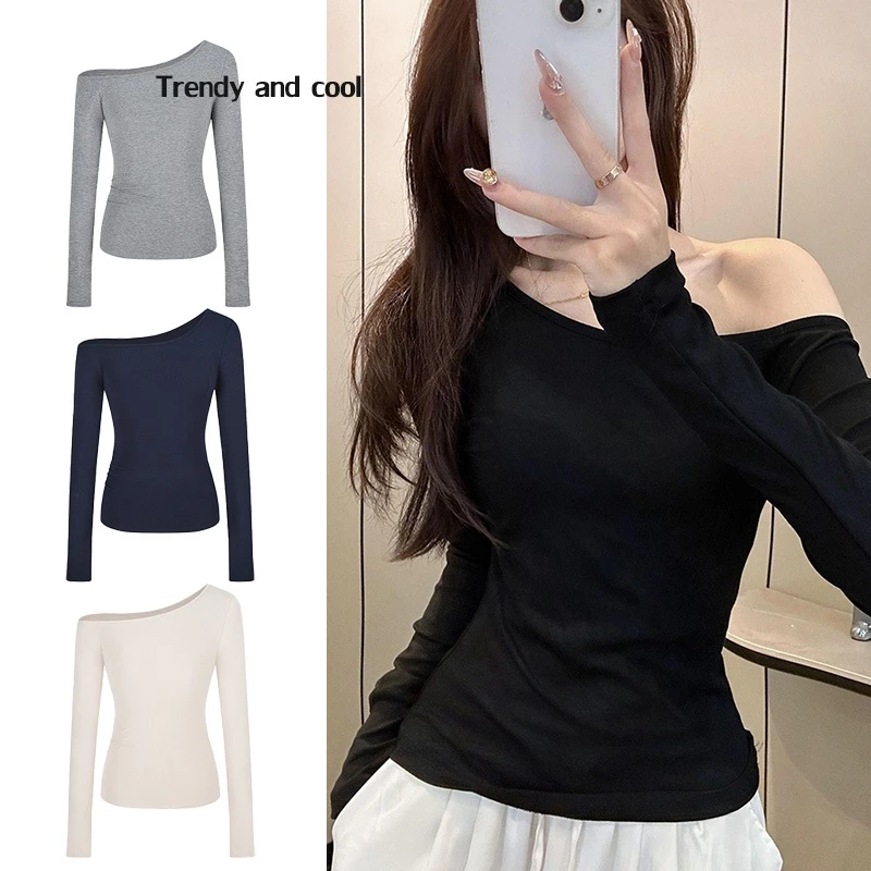 🚚พร้อมส่งจากกทม เสื้อยืดแขนยาวสีทึบแฟชั่นสตรีเซ็กซี่ปิดไหล่ เสื้อครอปทรงเข้ารูป เสื้อยืดปาดไหล่ สาวอวบก็ใส่ได้ #F036