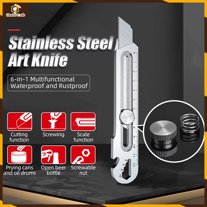 มีดอรรถประโยชน์สแตนเลส 18 มม.เครื่องตัดกล่องยูทิลิตี้,6 In 1 ใบมีดเหล็กคาร์บอนขวดที่เปิดขวดไม้บรรทัด
