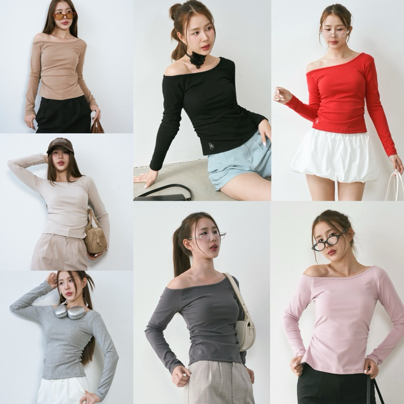 (ไม่ผลิตเพิ่ม)BEMYCHIC เสื้อแขนยาวปาดไหล่ จับจีบเย็บย่นข้าง งานปักโลโก้แบรนด์ รุ่น Rosie top