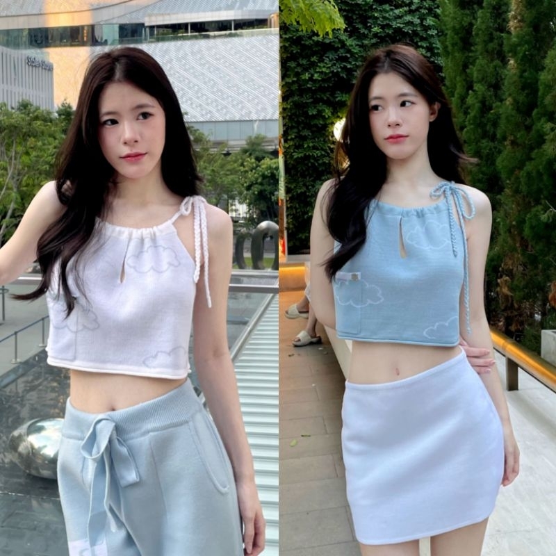 CLOUD top ☁️🕊สายเดี่ยวไหมพรมลายก้อนเมฆ สายผูกปรับเองได้