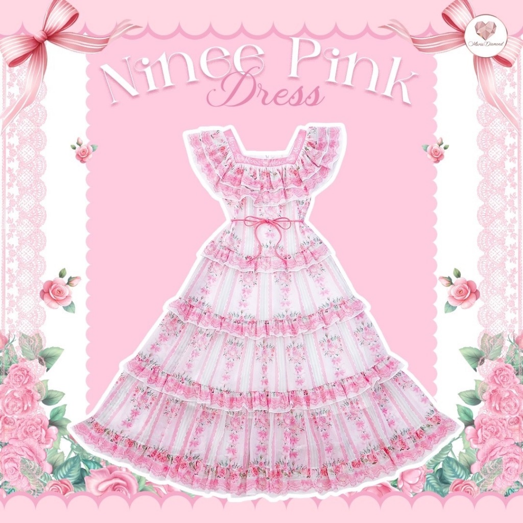 (มี2XL) Ninee Pink Dress เดรสยาวผ้าชีฟองพิมพ์ลาย มีเชือกรัดเอว แขนระบายสองชั้นปิดต้นแขน มีซับใน ซิปหลัง เรียบหรู