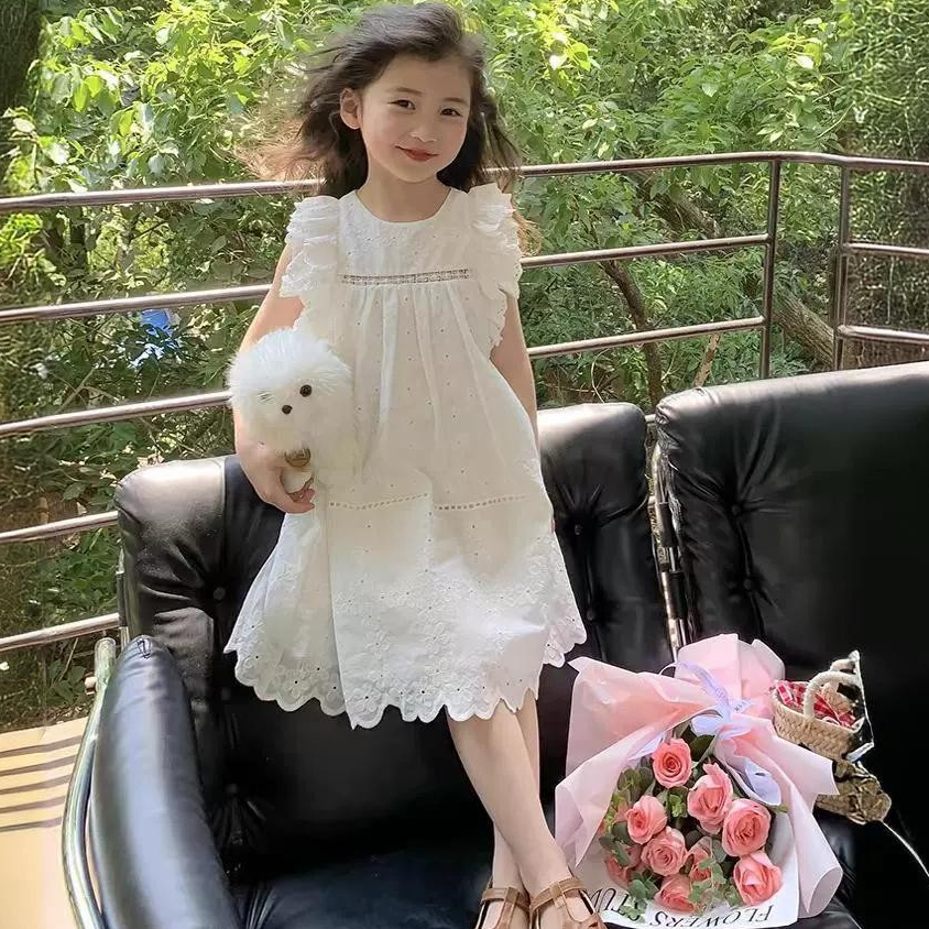 Hania kids พร้อมส่ง ชุดเดรสกระโปรงผ้าฝ้ายปักลายดอก *-K4125247